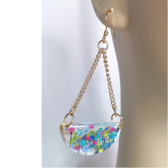 NEW Artisan Painted Floral Earrings Colorful Crescent Shape Real Gold Accents - Picture 8 of 10